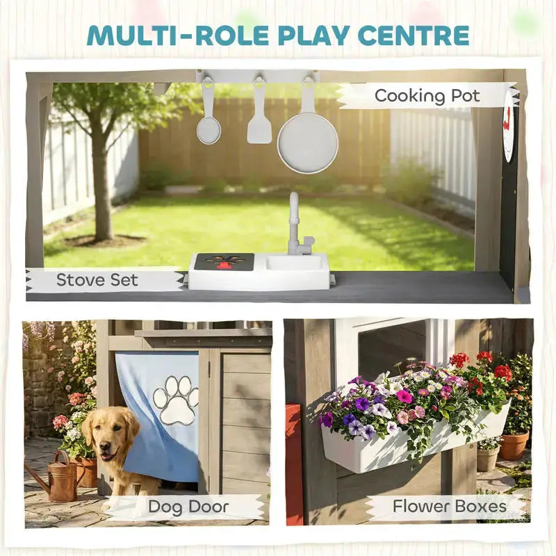 Qaba Outdoor Playhouse, Wooden Kids Playhouse with Dog Door, Flower Box, Cookware & Window for Garden Ages 2+, Gray from PriceLows™