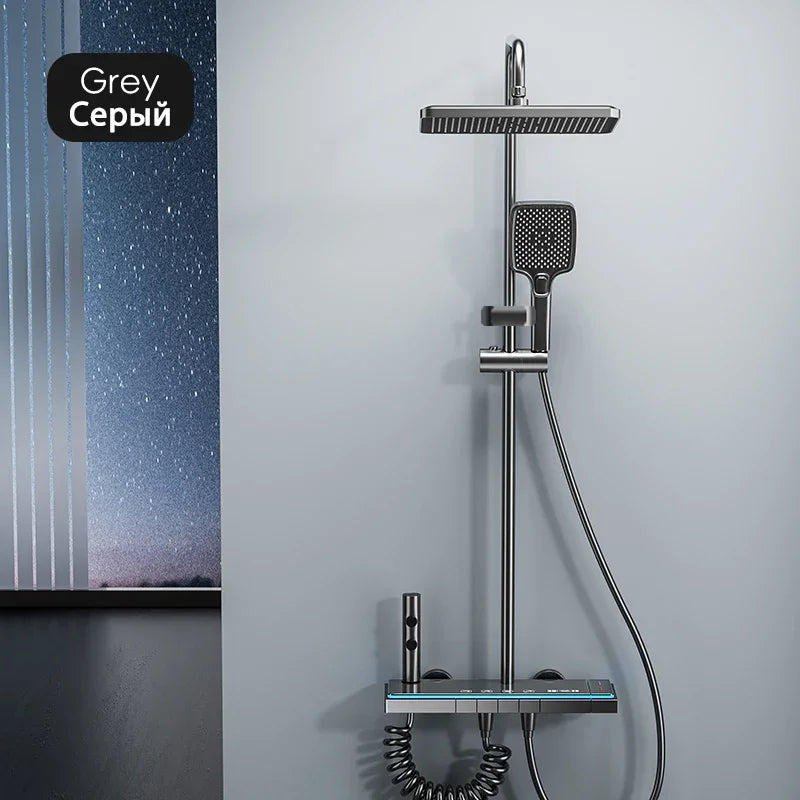 Shower System | Thermostatic Faucet | LED Display Rainfall Shower | Glass Panel