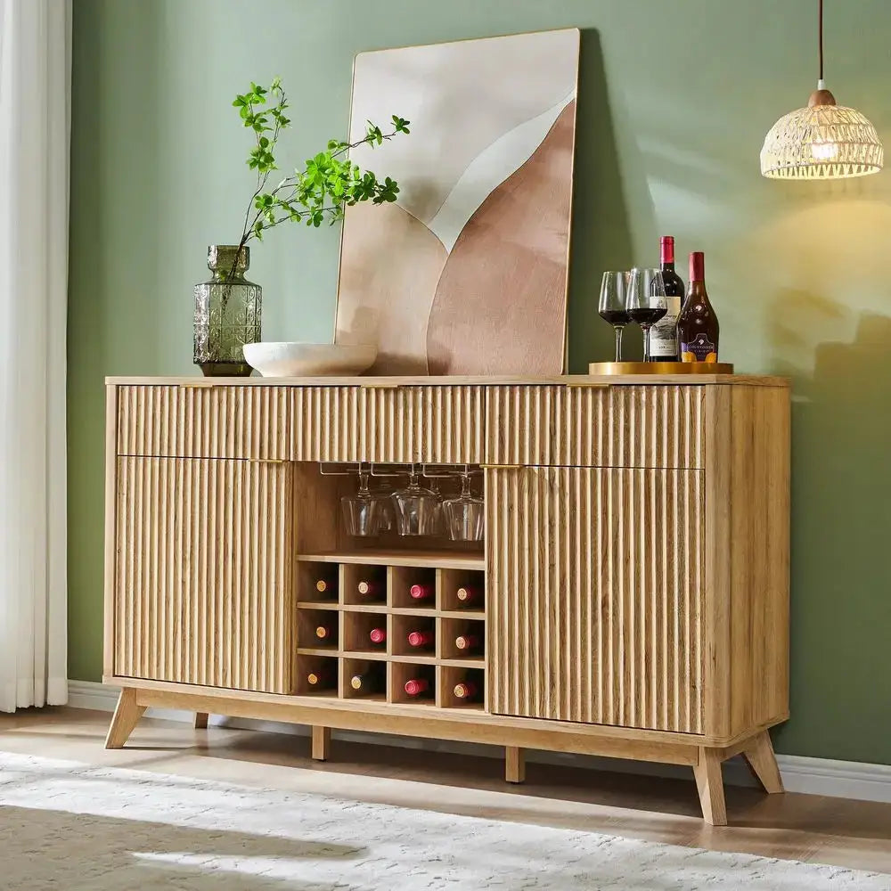 Fluted Wine Bar Cabinet, 60 Wide Modern Buffet Sideboard with Ample Storage 2 Side Cabinets, 3 Drawers, 4 Glass Holders amp 12 from PriceLows™