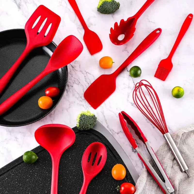 10 Pcs/Set Silicone Kitchen Utensils Set Non-Stick Silicone Tong Spoon Spatula Pasta Server Whisk Ladle Strainer Cooking Tools from PriceLows™
