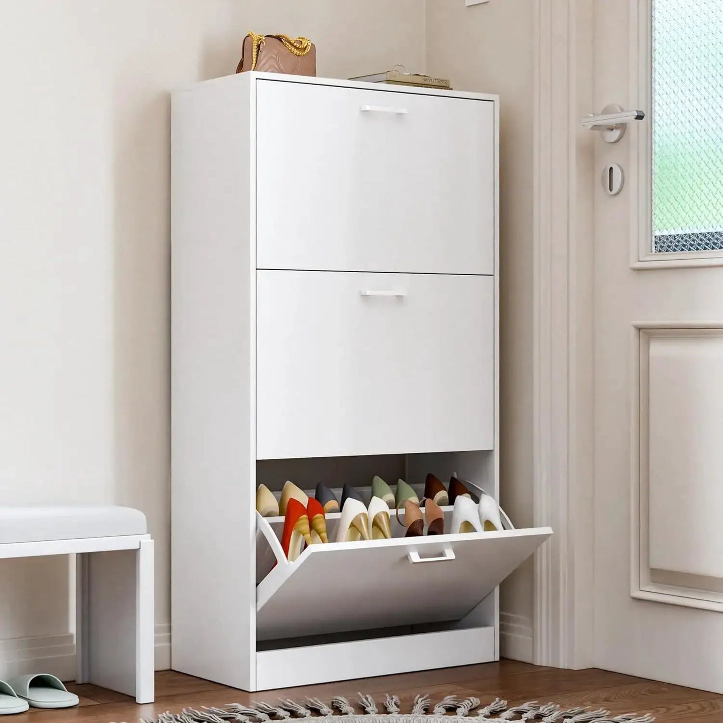 Shoe Cabinet with 2 or 3 Flip Drawers, Hidden Slim Freestanding Shoe Storage Cabinet, Narrow Freestanding Shoe Organizer from PriceLows™