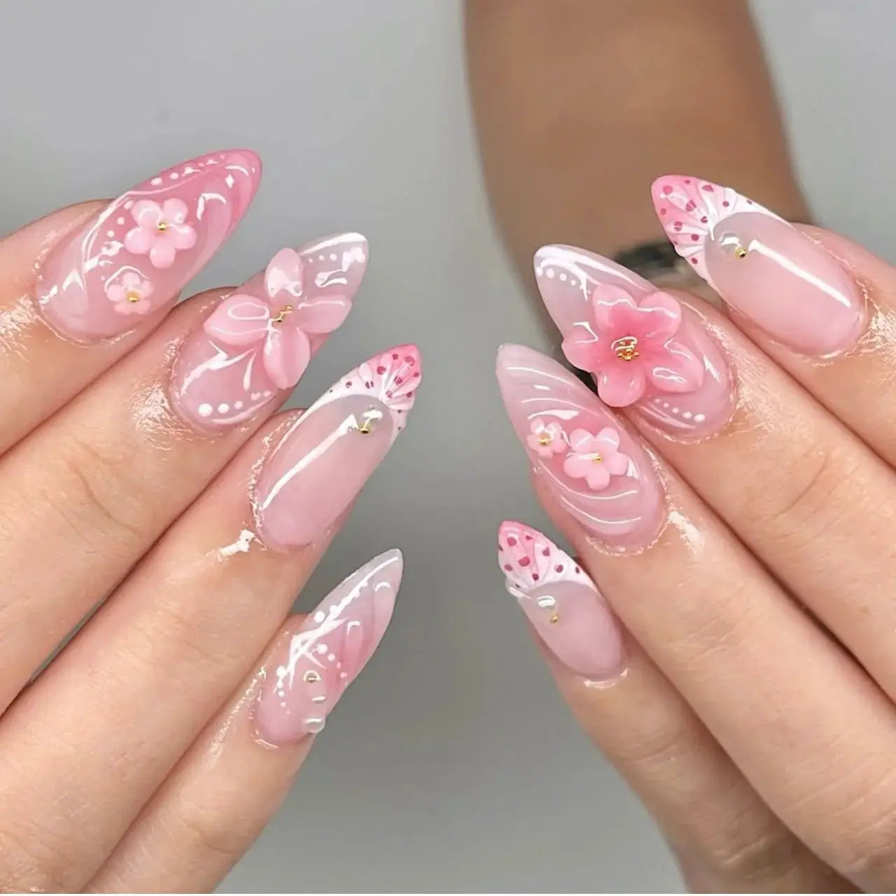 Press On Nails | 24 Pcs | Pink Strawberry Bow | Almond Shape
