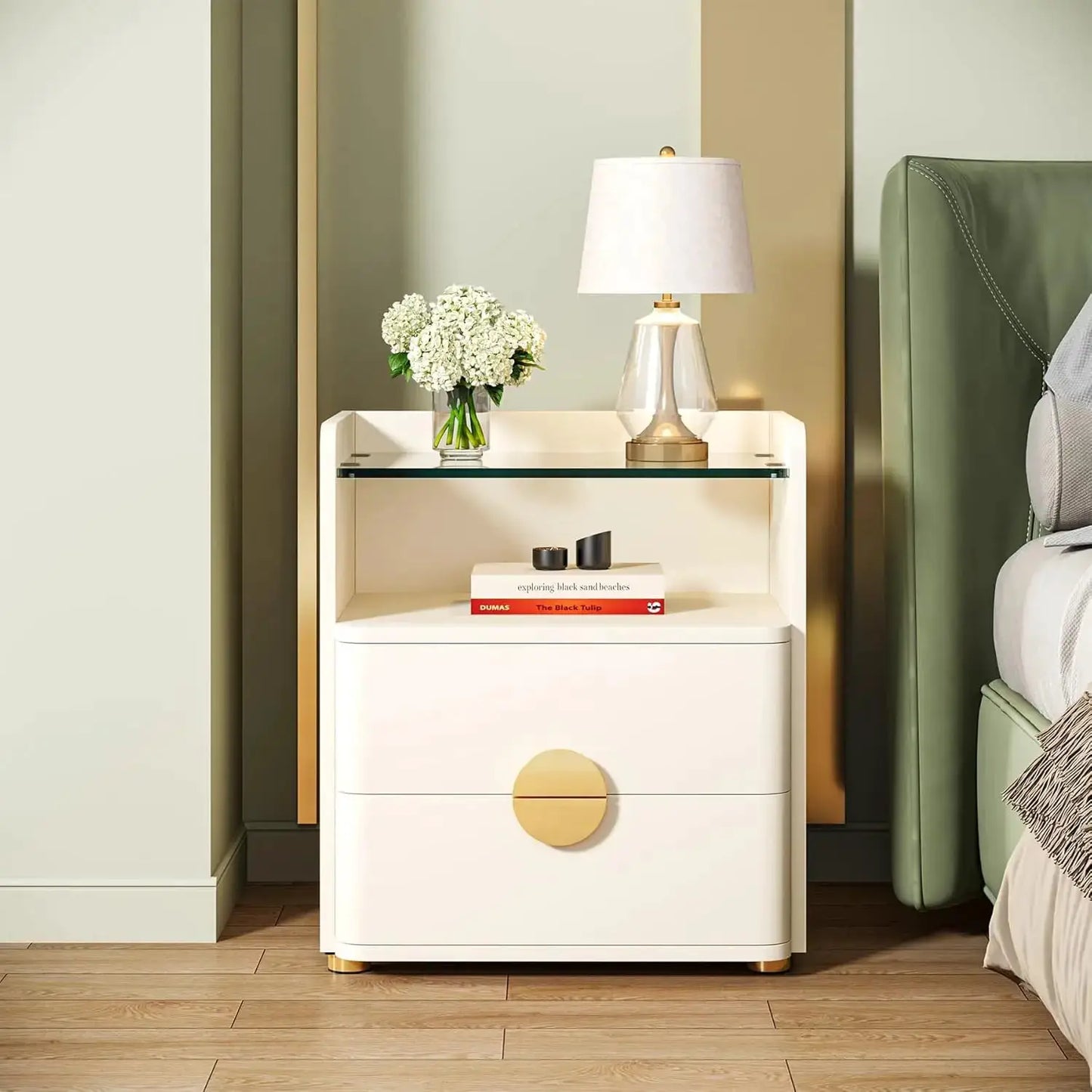 Nightstand with 2 Drawers, Modern Nightstand with Open Storage Shelf, White Bed Side Table for Bedroom, Living Room from PriceLows™