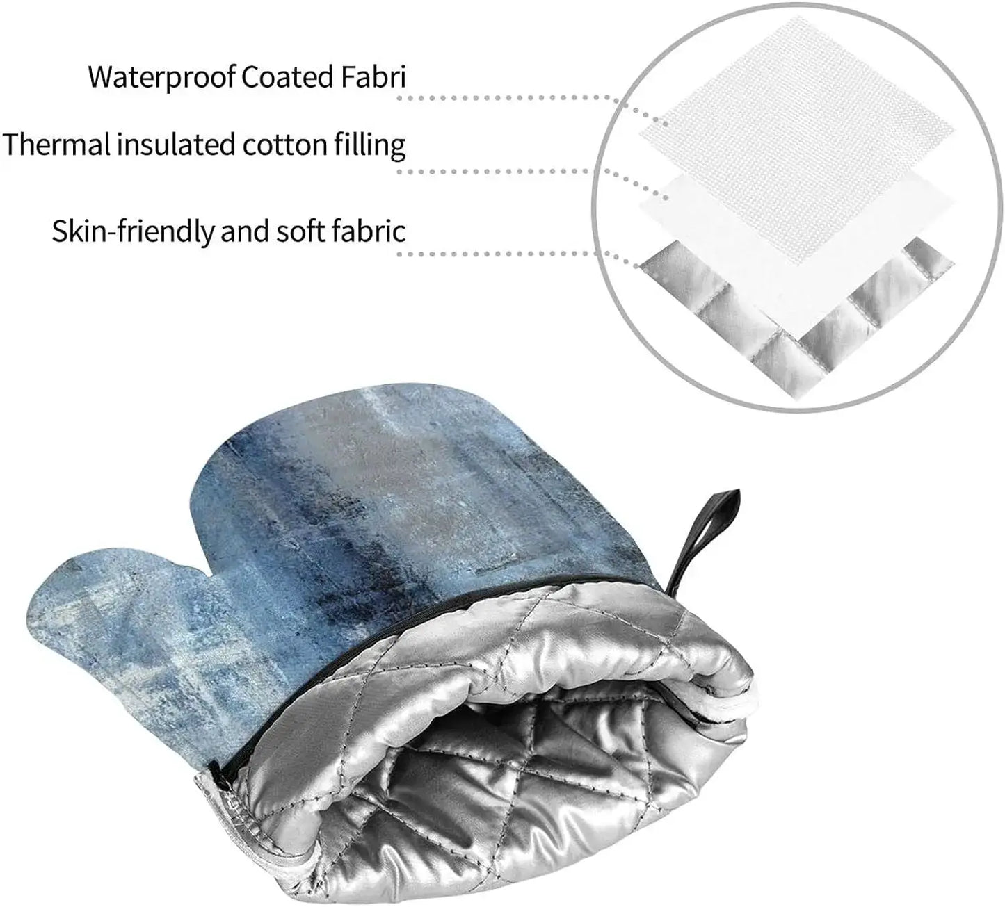 Oven Mitts Set | Abstract Art Blue Grey | Polyester Heat Resistant | 4-Piece Set