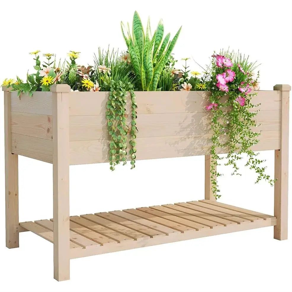 Outdoor Wood Raised Garden Bed, Elevated Large Planter Box with Storage Shelf for Vegetable Flower Backyard Patio Gardening from PriceLows™