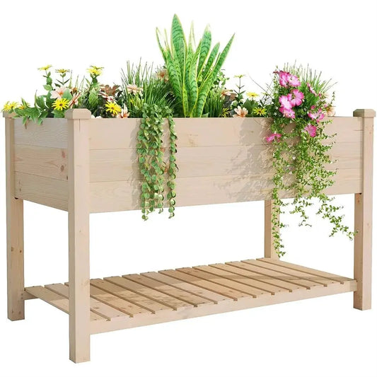 Outdoor Wood Raised Garden Bed, Elevated Large Planter Box with Storage Shelf for Vegetable Flower Backyard Patio Gardening from PriceLows™
