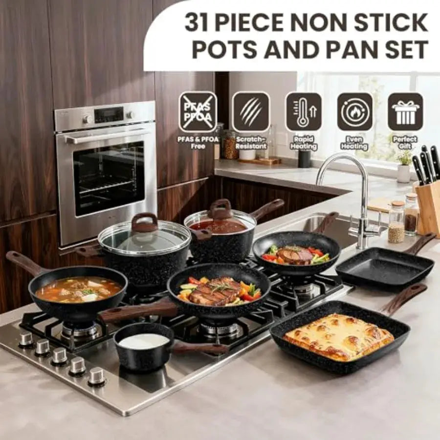 Pots and Pans Set Non Stick, 31 Piece Kitchen Induction Cookware and Bakeware Set, Nonstick Kitchen Cooking Pans Set with Fryin from PriceLows™