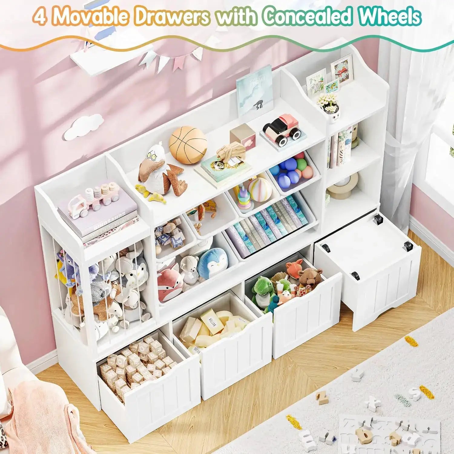 Kids Toy Organizer with 3 Movable Drawers, Multi-Functional Storage Cabinet Bookcase with 6 Toy Bins for Room, White from PriceLows™