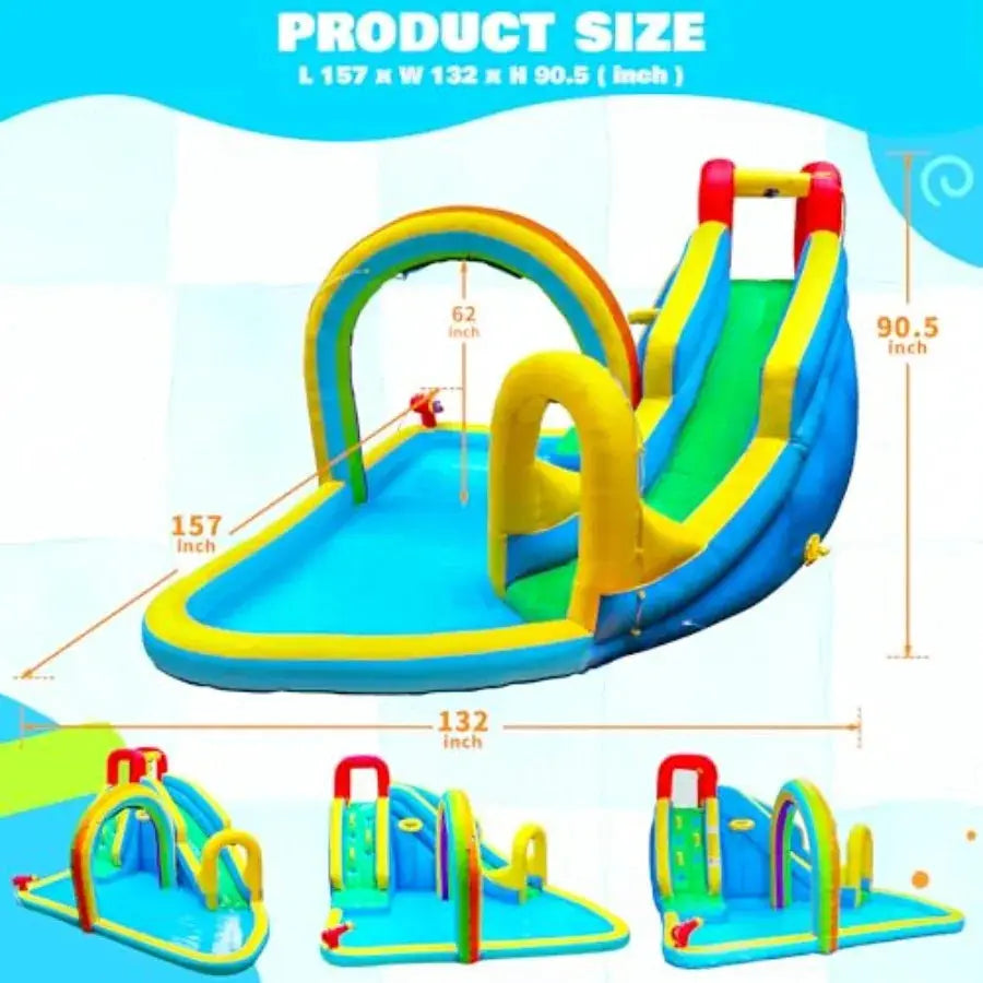 Inflatable Water Slide Park with Air Blower Bouncer House Rainbow Sprinkler Bouncy Castle for Climbing Wall Splash Pool from PriceLows™