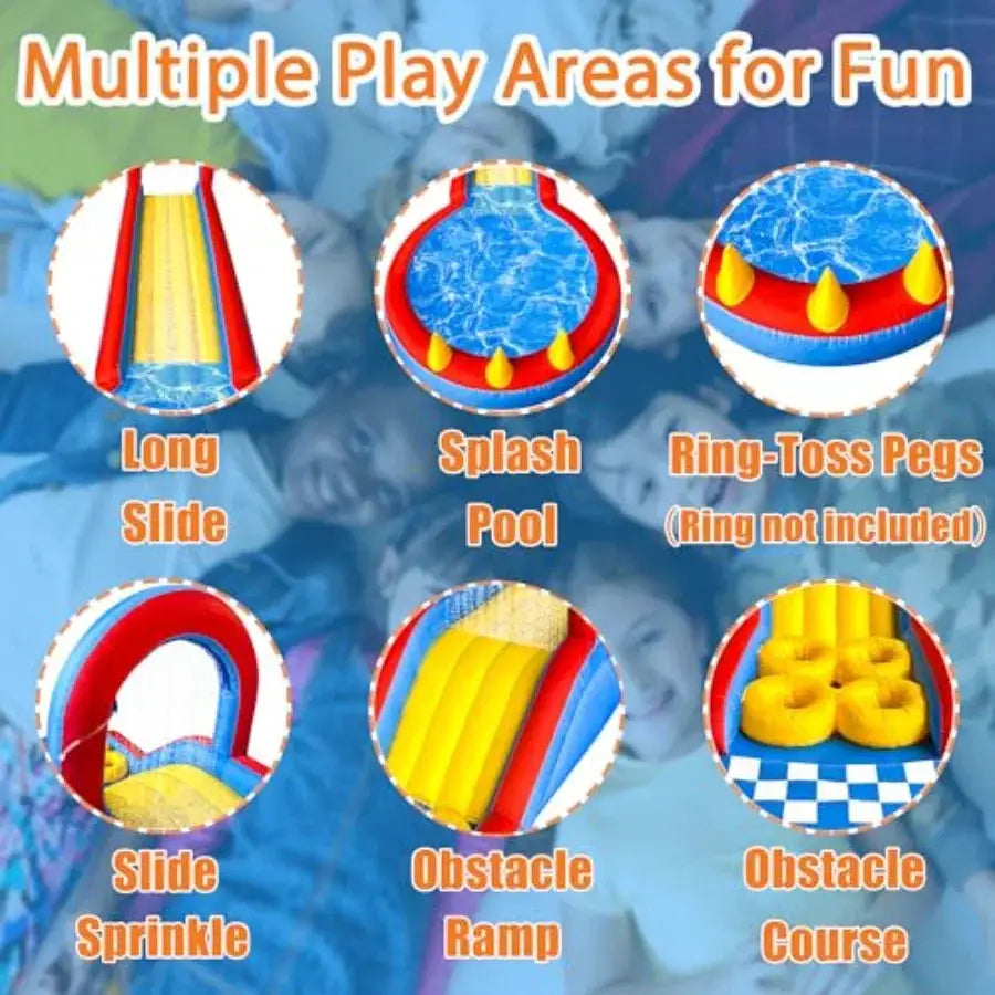 Outdoor backyard water bounce house: 31FT inflatable water slide park with obstacle courses climbing ramp splash pool overhead from PriceLows™