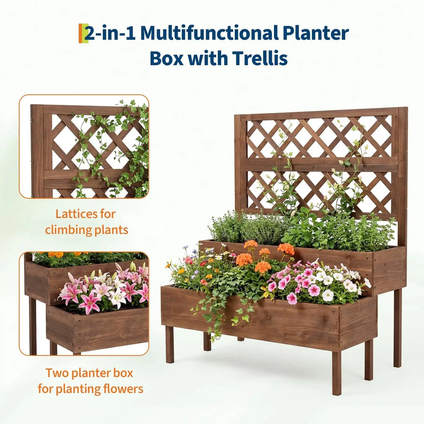 Wooden Raised Garden Bed with Trellis, 2-Tier Outdoor Elevated Planter Box with Legs & Drain Holes, Outdoor Gardening Planters from PriceLows™