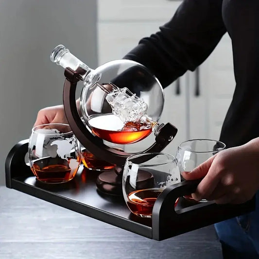 Globe Shaped Whiskey Decanter Borosilicate Glass with Wood Base Unique Wine Aerator Bottle Gift for Home Bar Decor from PriceLows™