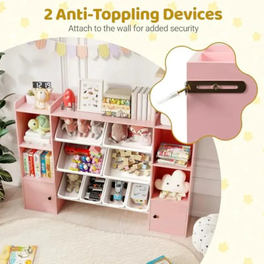 Toy Storage Organizer with 8 Bins Wooden Toddler Bookcase with Open Shelves Cabinet in Natural Wood Color Multifunctional Toy S from PriceLows™