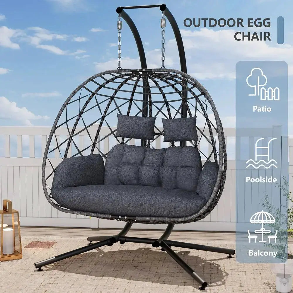 Double Egg Swing Chair with Stand, 2 Person Outdoor Indoor Hammock Hanging Chair with Cushion for Patio Living Room 650 LBS Cap from PriceLows™