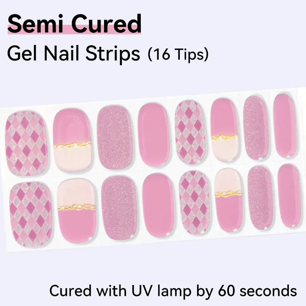 16strips Cartoon UV/LED Semi Cured Gel Nail Strips Pink Glitter Cat Eye Self-Adhesive Gel Nail Wraps Full Cover UV Nail Sticker from PriceLows™