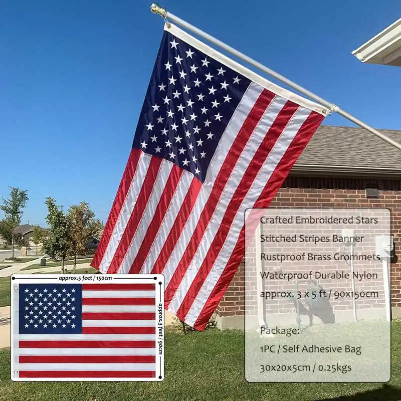 Outdoor Flag | Waterproof Nylon | Embroidered Stars, Brass Grommets | 3x5 Ft