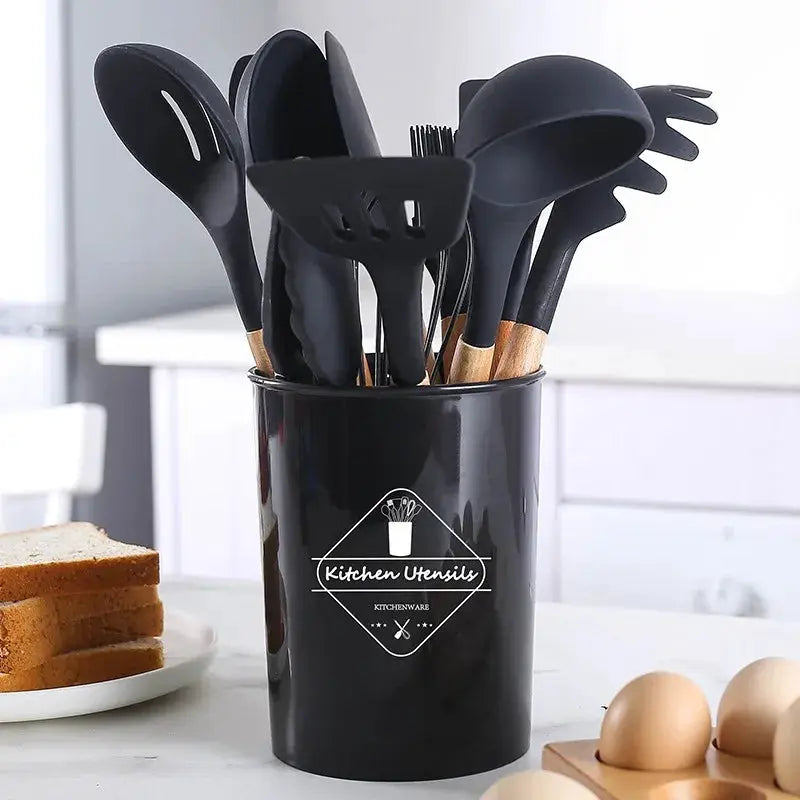 12-piece Wooden Handle Kitchenware Set Silicone Non-stick Cooking Spatula Baking Set with Storage Bucket from PriceLows™