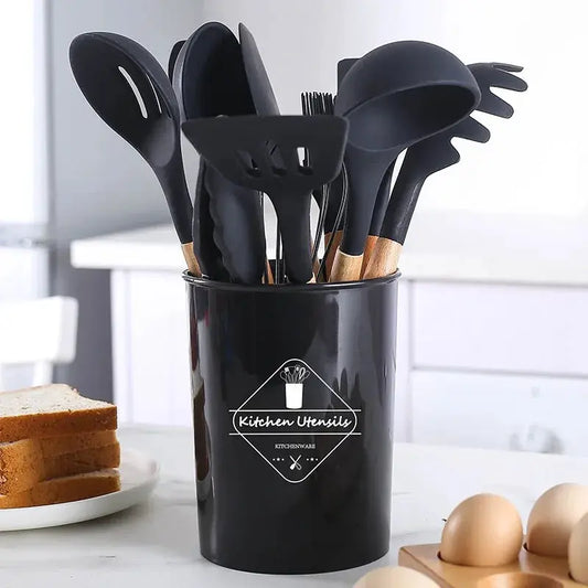 12-piece Wooden Handle Kitchenware Set Silicone Non-stick Cooking Spatula Baking Set with Storage Bucket from PriceLows™