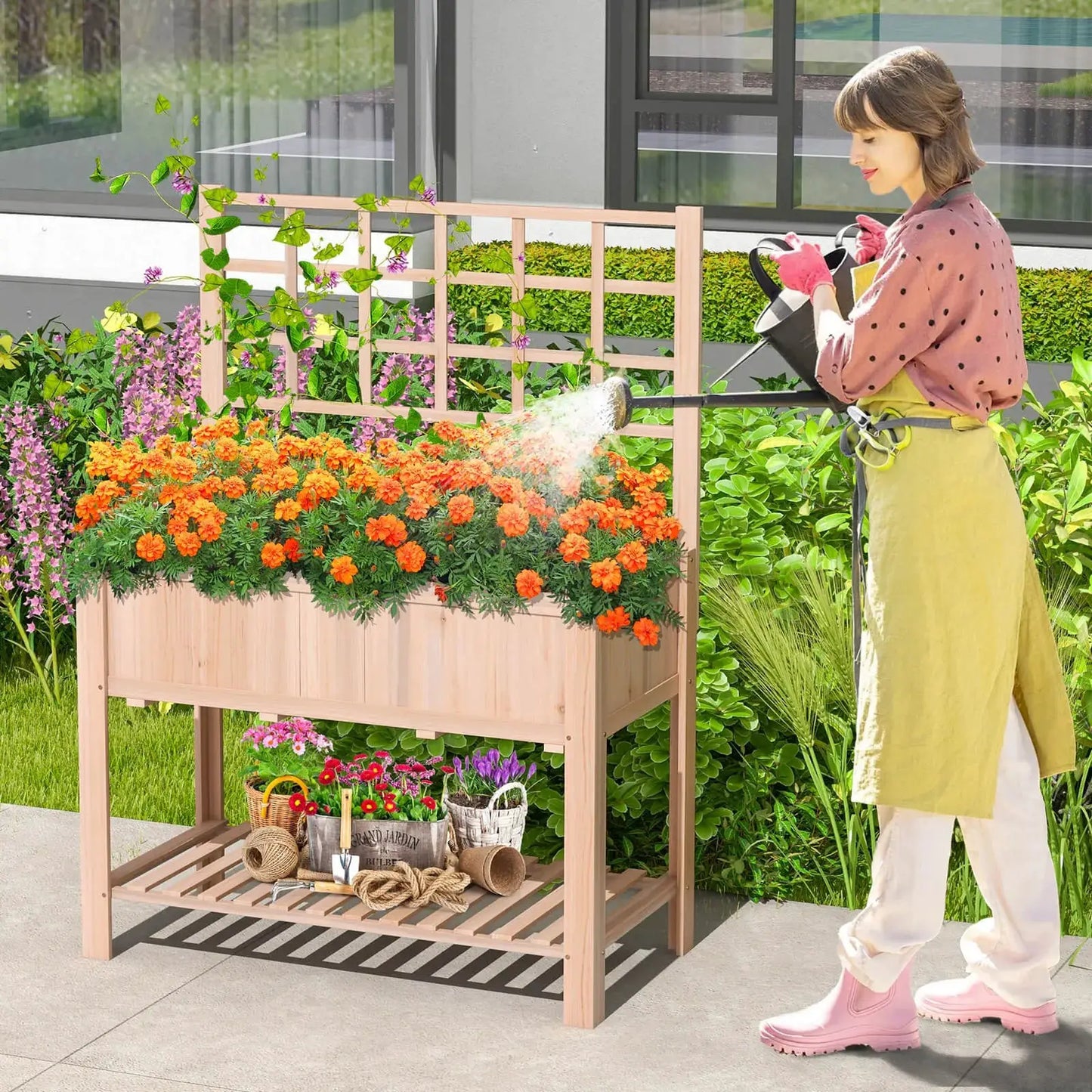 Raised Garden Bed Elevated Wooden Planter Box w/ Trellis & Open Storage Shelf from PriceLows™