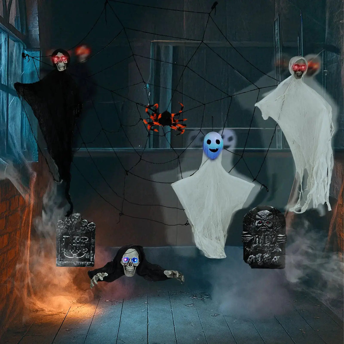 Outdoor Halloween Decor Set | 3 Hanging Ghosts | Plastic Gravestone | 8 Piece