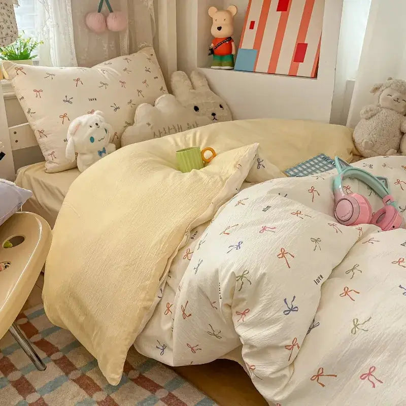 Cartoon color plaid bed sheet four-piece set student cute soft quilt cover dormitory three-piece set from PriceLows™