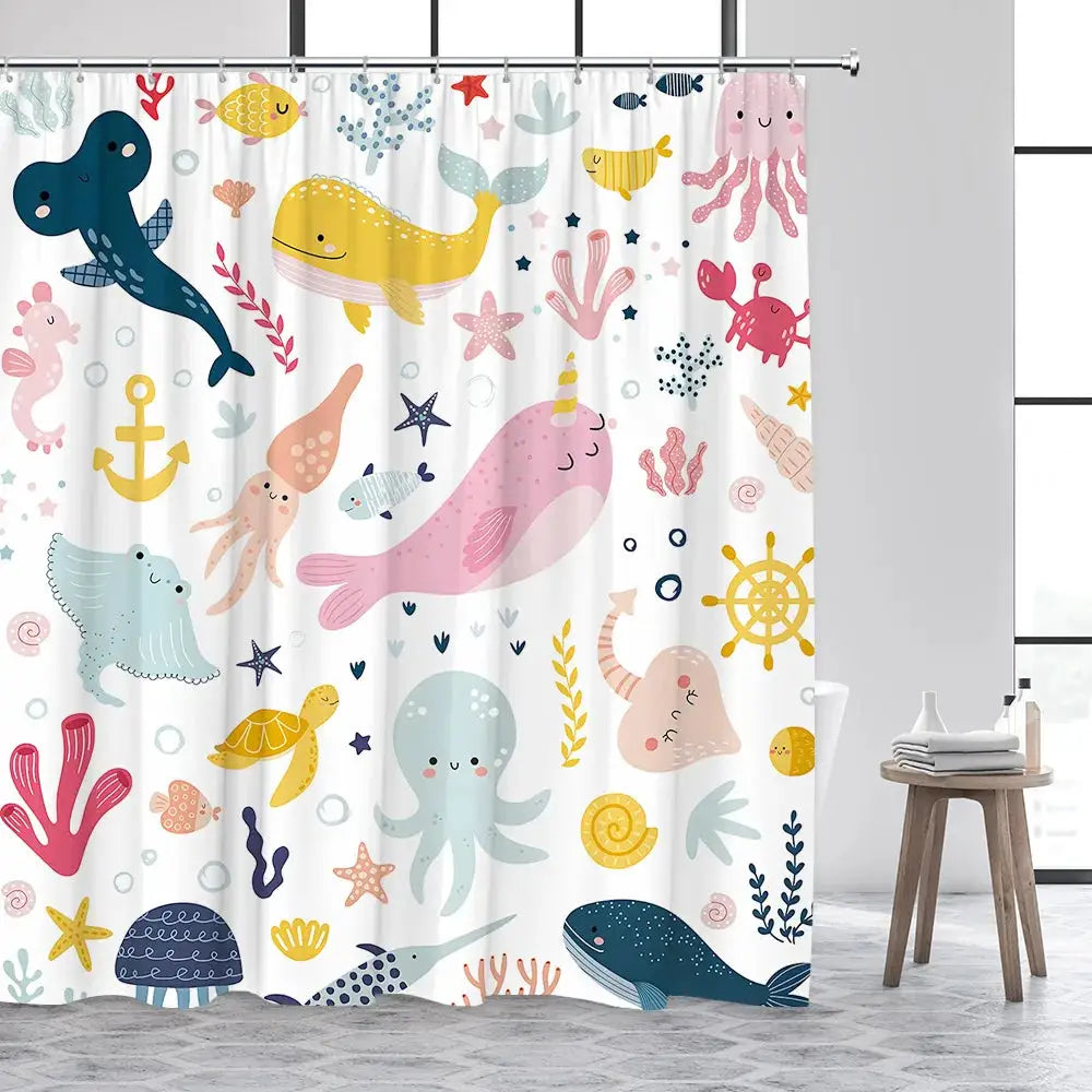 Shower Curtain Cute Cartoon Ocean Animal Print Waterproof Polyester Bath Curtain, Kids Positive Affirmation Dog Bathroom Decor w from PriceLows™