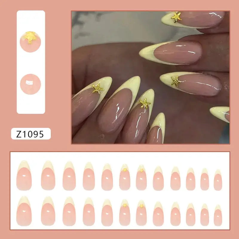 Press On Nails | 24pcs Summer Green Almond | Y2K Star Print | Reusable