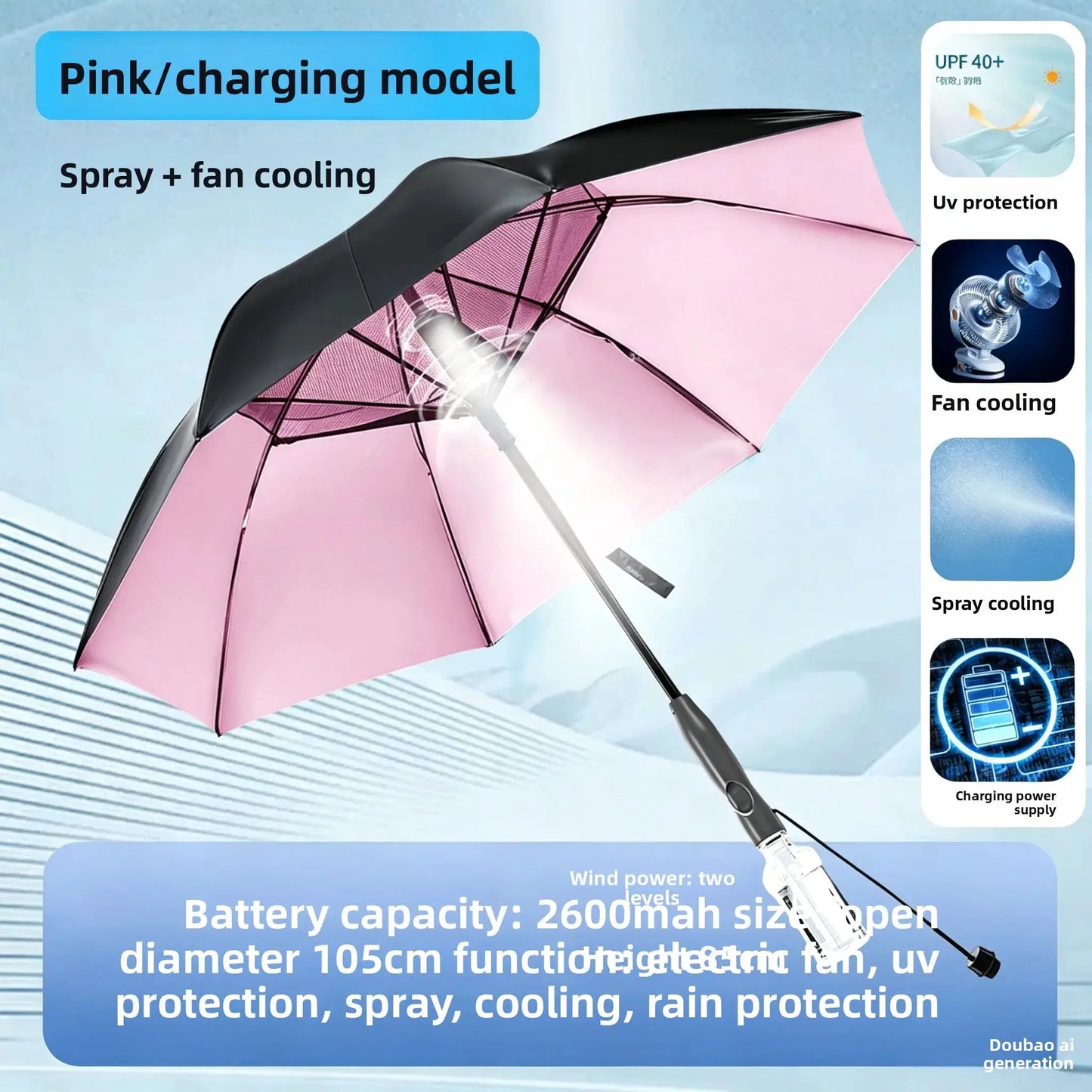 Cooling Sun Umbrella | USB Rechargeable | Built In Fan | Large
