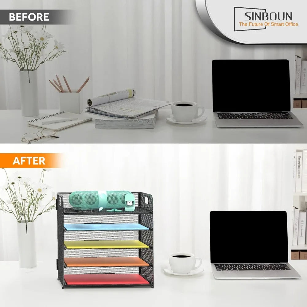 5-Tier Metal Letter Tray Paper Organizer | Desktop Document Shelf | With Handle