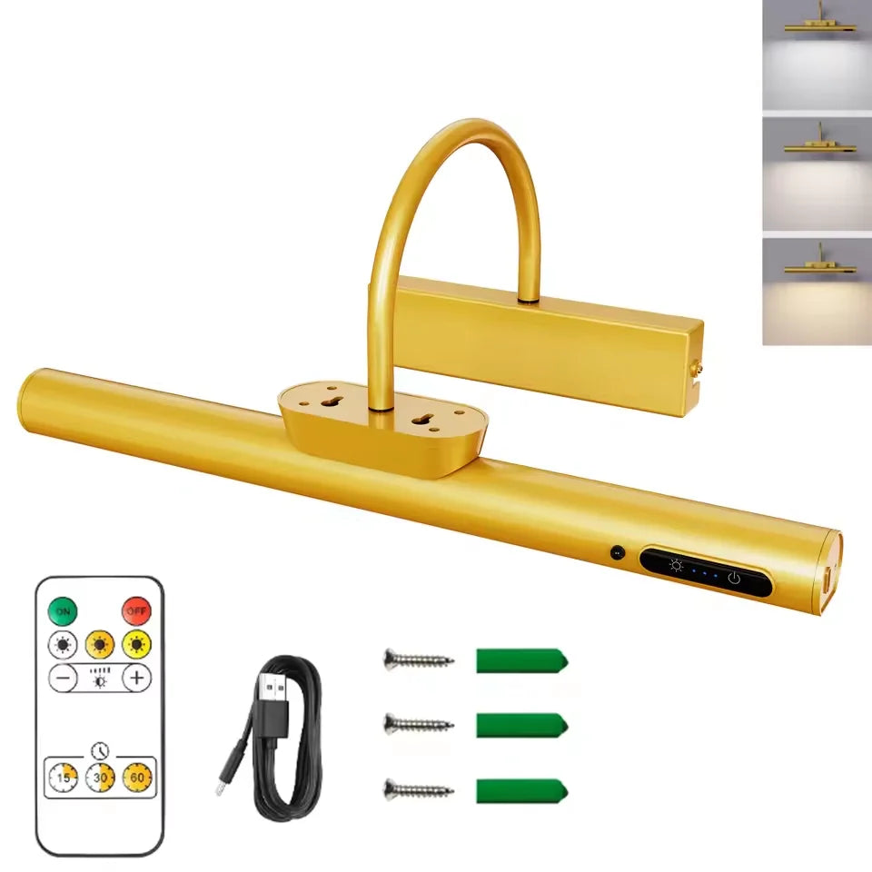 LED Picture Light | 4000mAh Rechargeable | 3 Color Dimming | Gold Finish