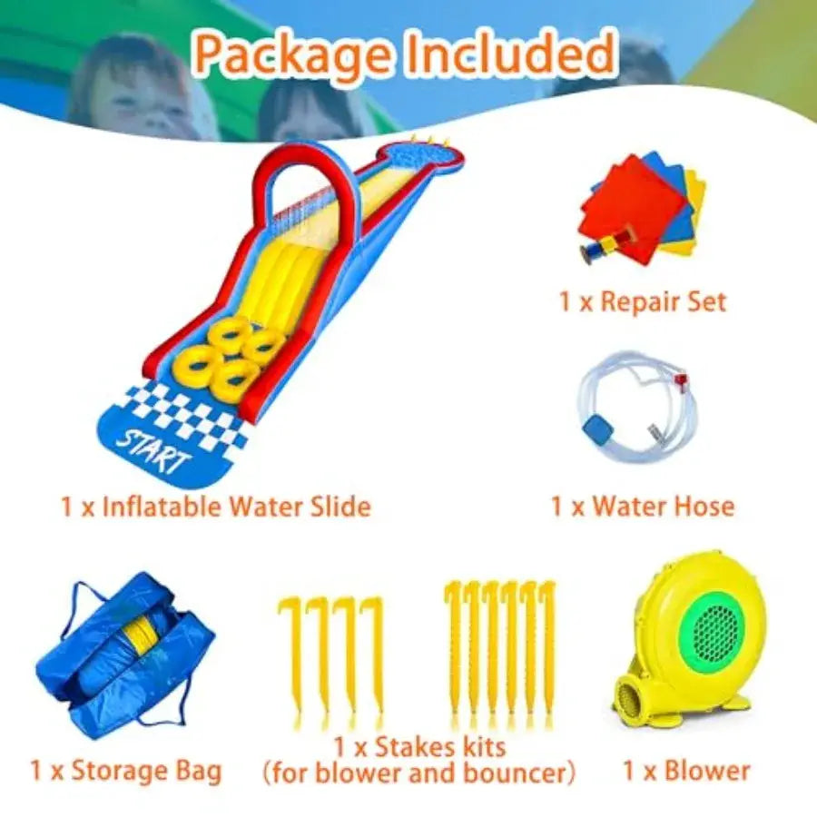 Outdoor backyard water bounce house: 31FT inflatable water slide park with obstacle courses climbing ramp splash pool overhead from PriceLows™