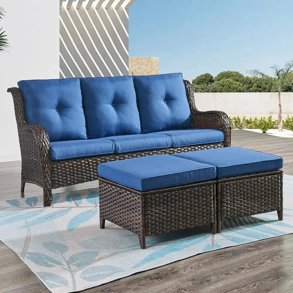 3-Piece Outdoor Wicker Patio Furniture Set with Sofa and 2 Ottomans - Rattan Garden Deck Seating (Brown/Blue) from PriceLows™
