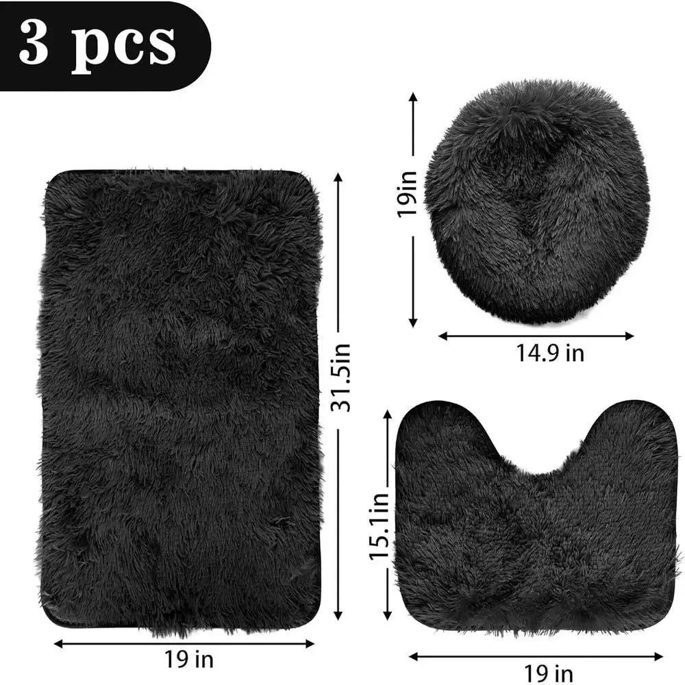 3-Piece Solid Color Bath Rug Set: Washable Mats with U-Shaped Toilet Lid Cover from PriceLows™