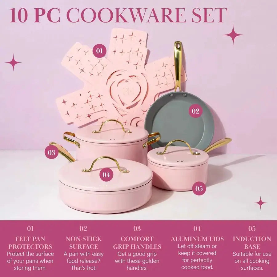 Iconic Nonstick Pots and Pans Set, Multilayer Nonstick Coating, Matching Lids With Gold Handles, Made without PFOA, Dishwasher S from PriceLows™
