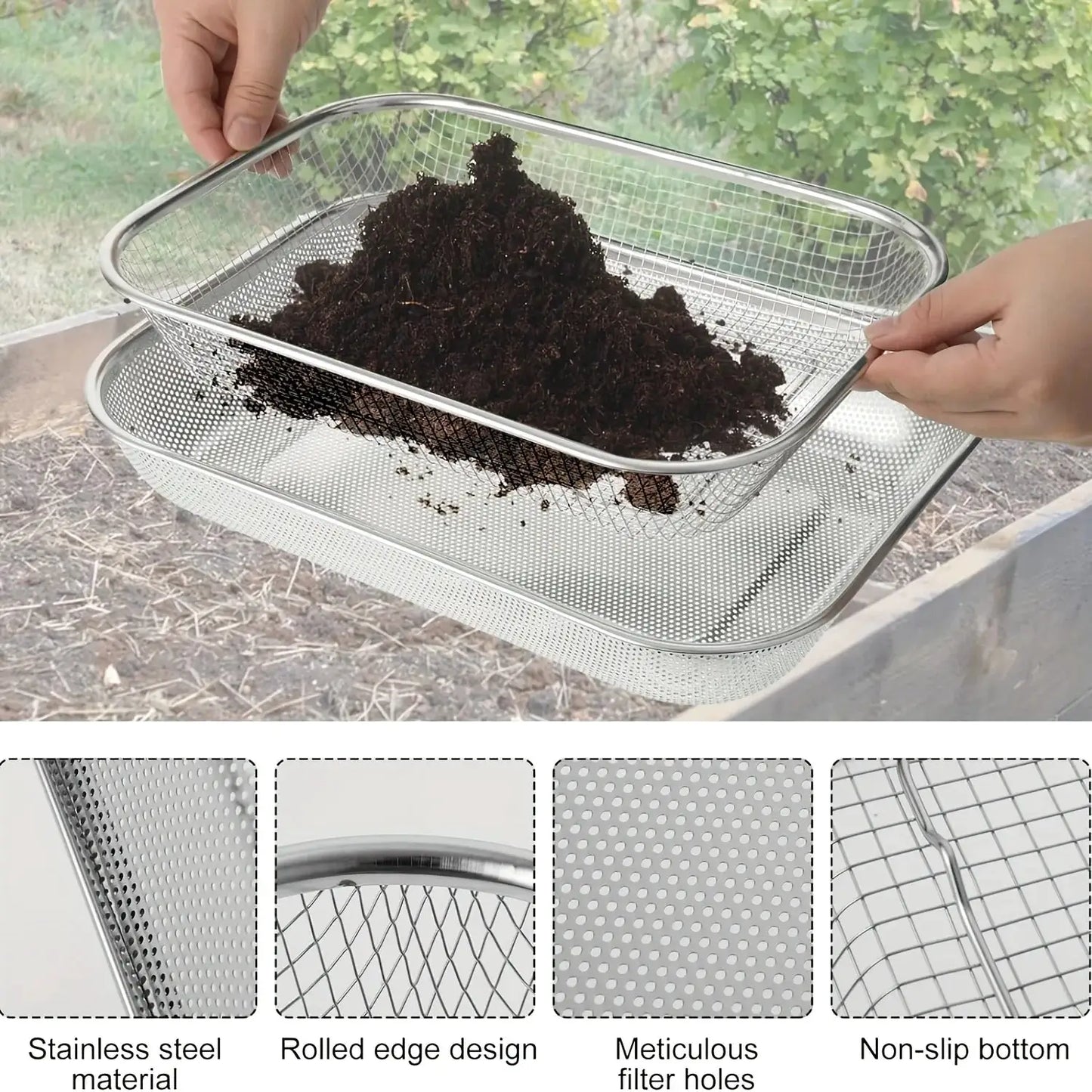 Stainless Steel Soil Sieve - Mesh Gardening Sieve for Rock Filtering, Composting and Sand, Durable and Anti-rust Hand Tools from PriceLows™