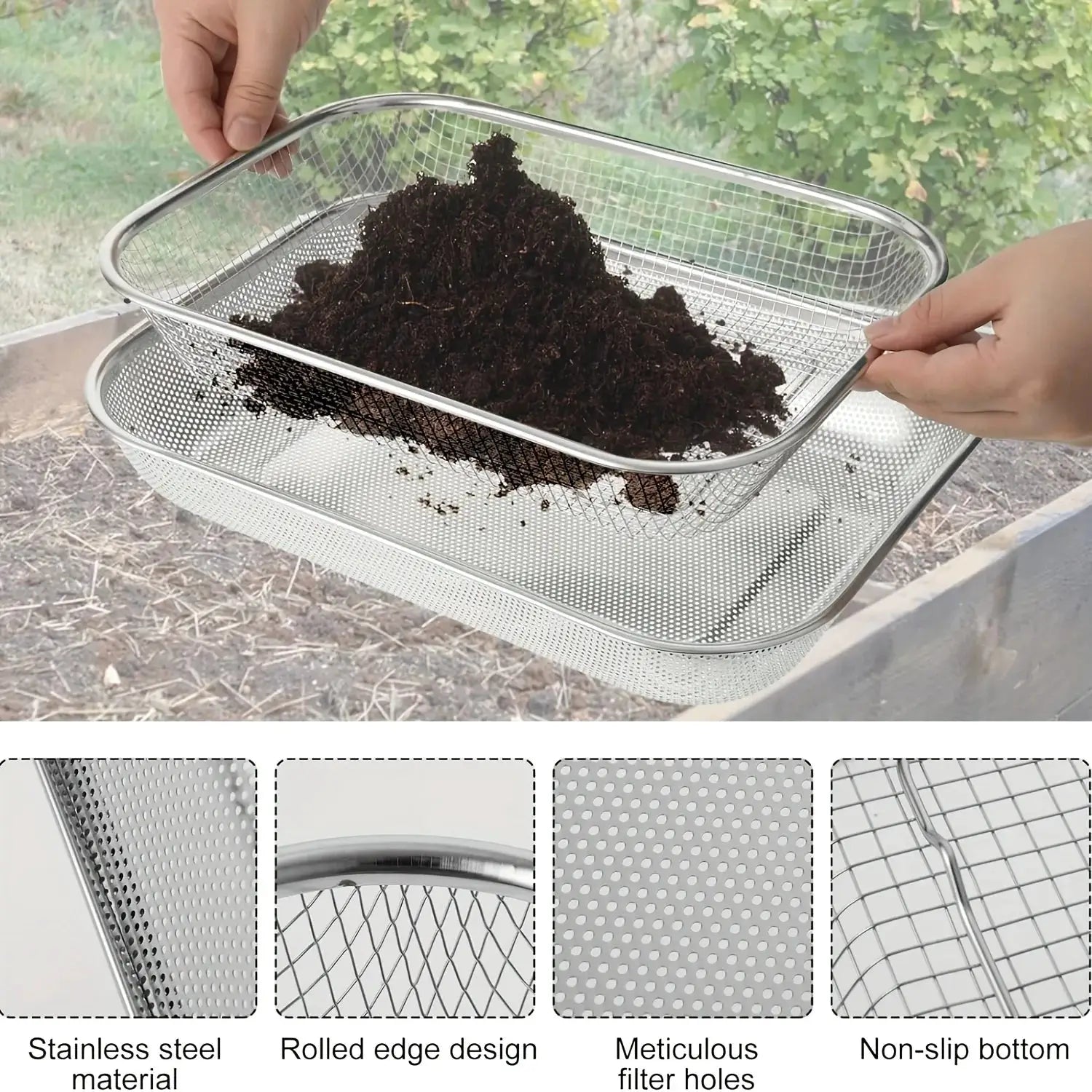 Stainless Steel Soil Sieve - Mesh Gardening Sieve for Rock Filtering, Composting and Sand, Durable and Anti-rust Hand Tools from PriceLows™