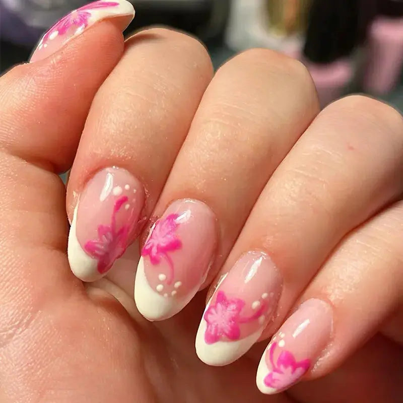 Press On Nails | Resin Coffin Shape | French Floral Print | 24 Pieces