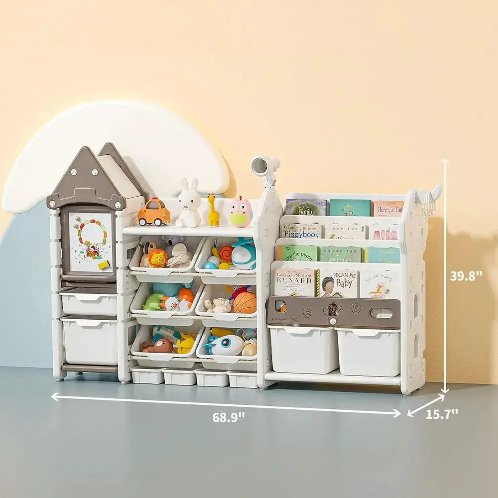 14-Bin Playroom Storage Organizer and Bookcase, Toddler HDPE Shelving with Ding Board, Suitable for Nursery, Bedroom, and Playro from PriceLows™