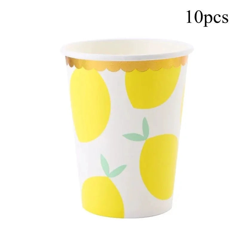 Lemon Disposable Party Tableware Set | Brown Paper Cups Plates Cake Toppers