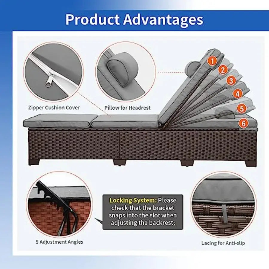 Brown Wicker Patio Chaise Lounge Chairs Set of 2 Outdoor Chaise Lounge Pool Lounge Chairs Poolside Recliner Chairs with Grey Cu from PriceLows™