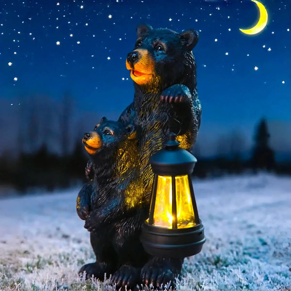 Outdoor Garden Solar Statue Light, Garden Bear Statue with Solar Lantern, Outdoor black bear mother and son lantern decoration from PriceLows™
