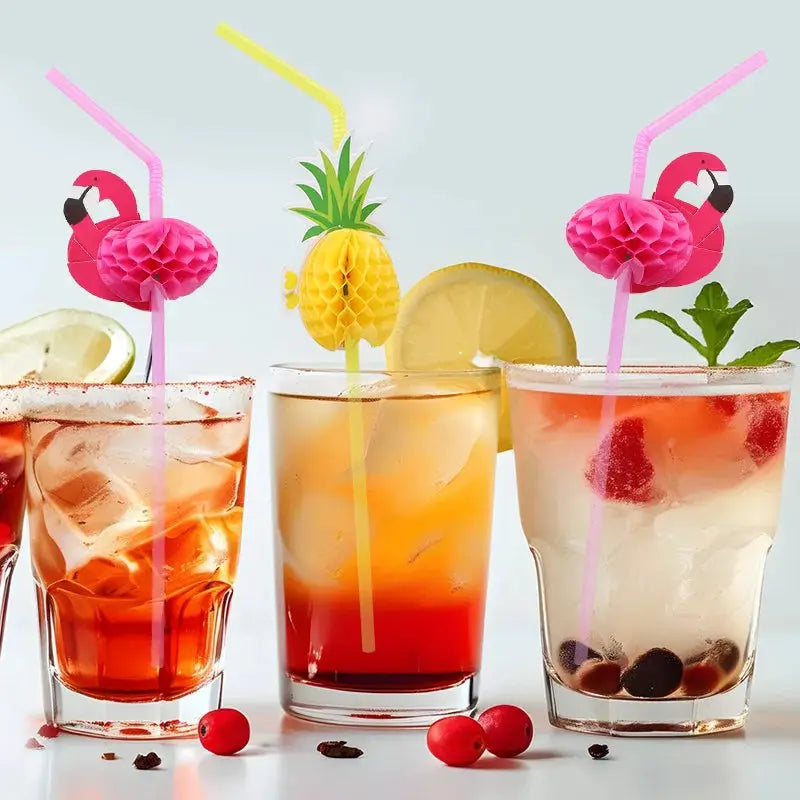 Hawaiian Flamingo Paper Party Straws | Tropical Pineapple | 50 Pack