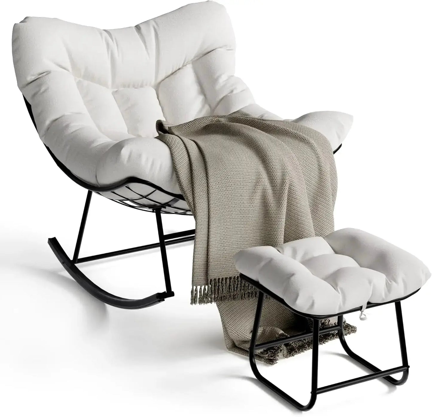 Outdoor Oversized Papasan Rocking Chair with Footrest, Patio Lounge Chair Rattan Egg Rocker for Balcony Backyard Porch Bedroom from PriceLows™