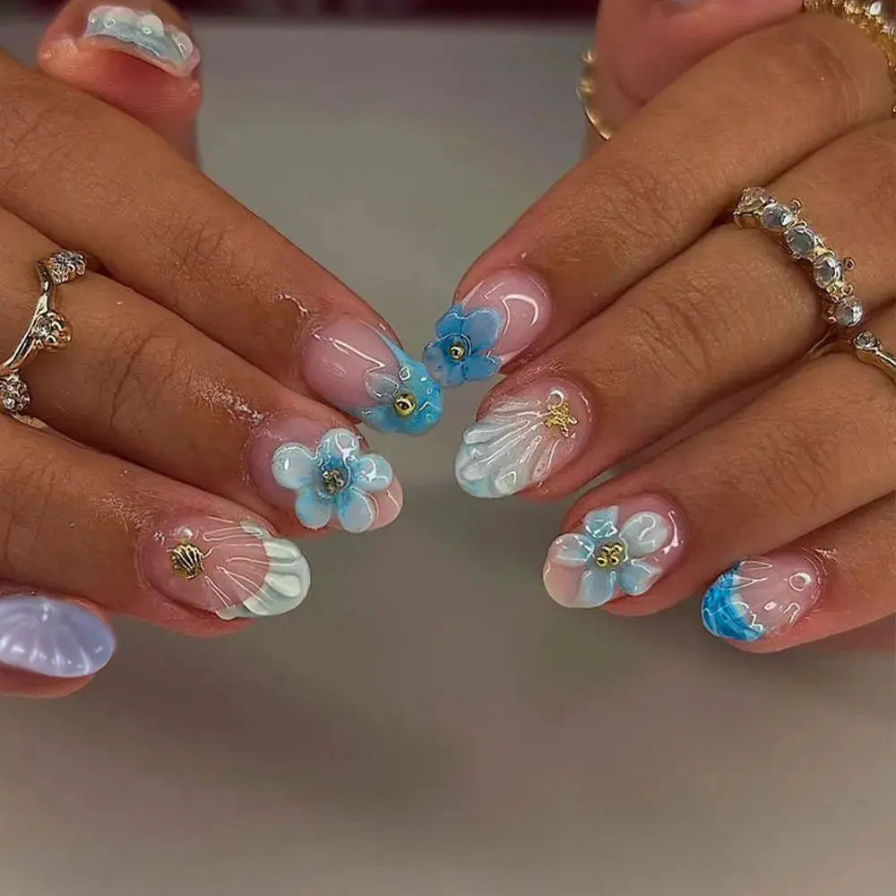 Press On Nails | Almond Shape | Whale Print Blue French Tip | 24 Piece Set