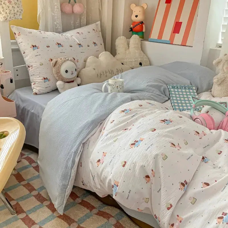 Cartoon color plaid bed sheet four-piece set student cute soft quilt cover dormitory three-piece set from PriceLows™