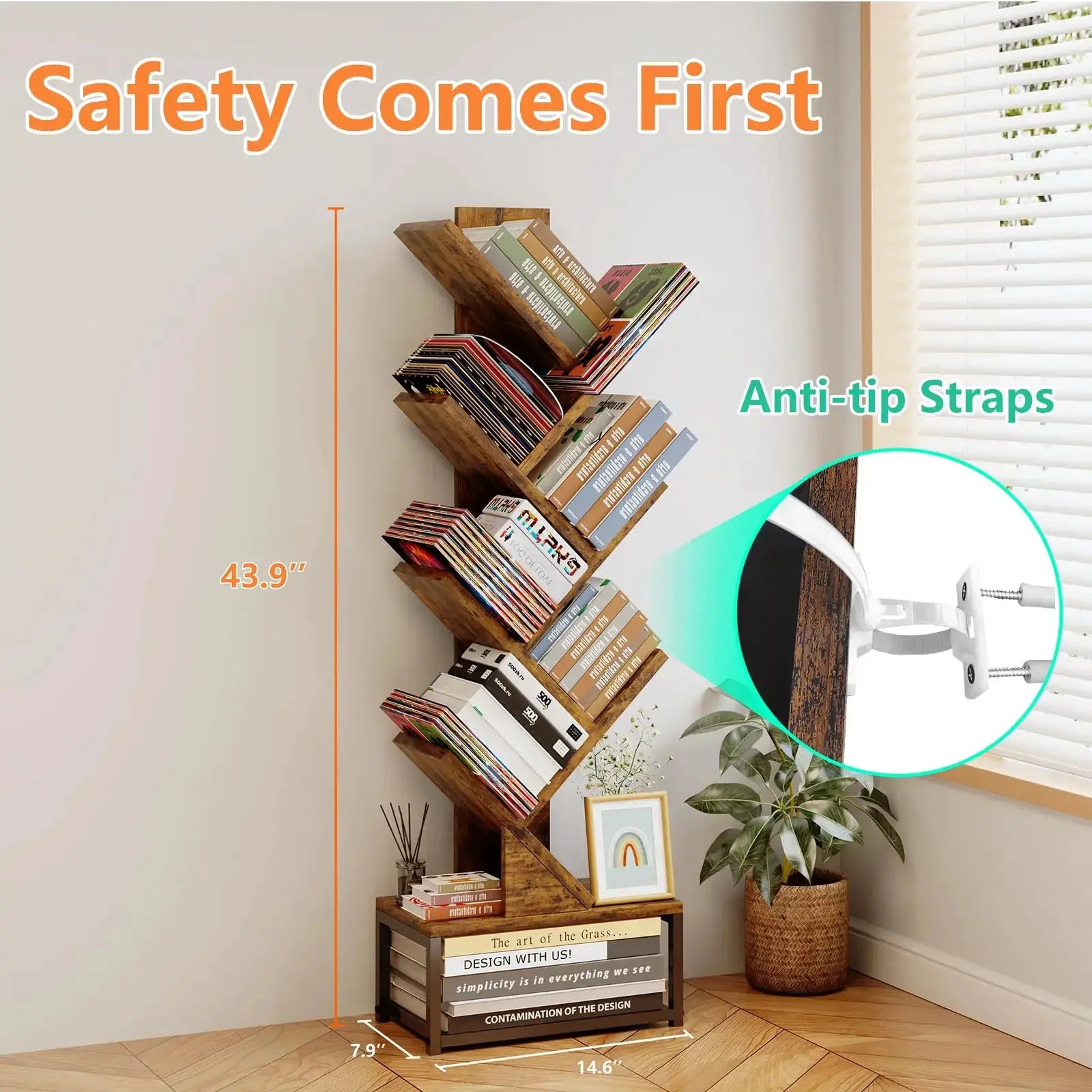 Tree Shaped Bookshelf 6 Tier Rustic Wooden Bookcase With Metal Base For Living Room Bedroom Office from PriceLows™