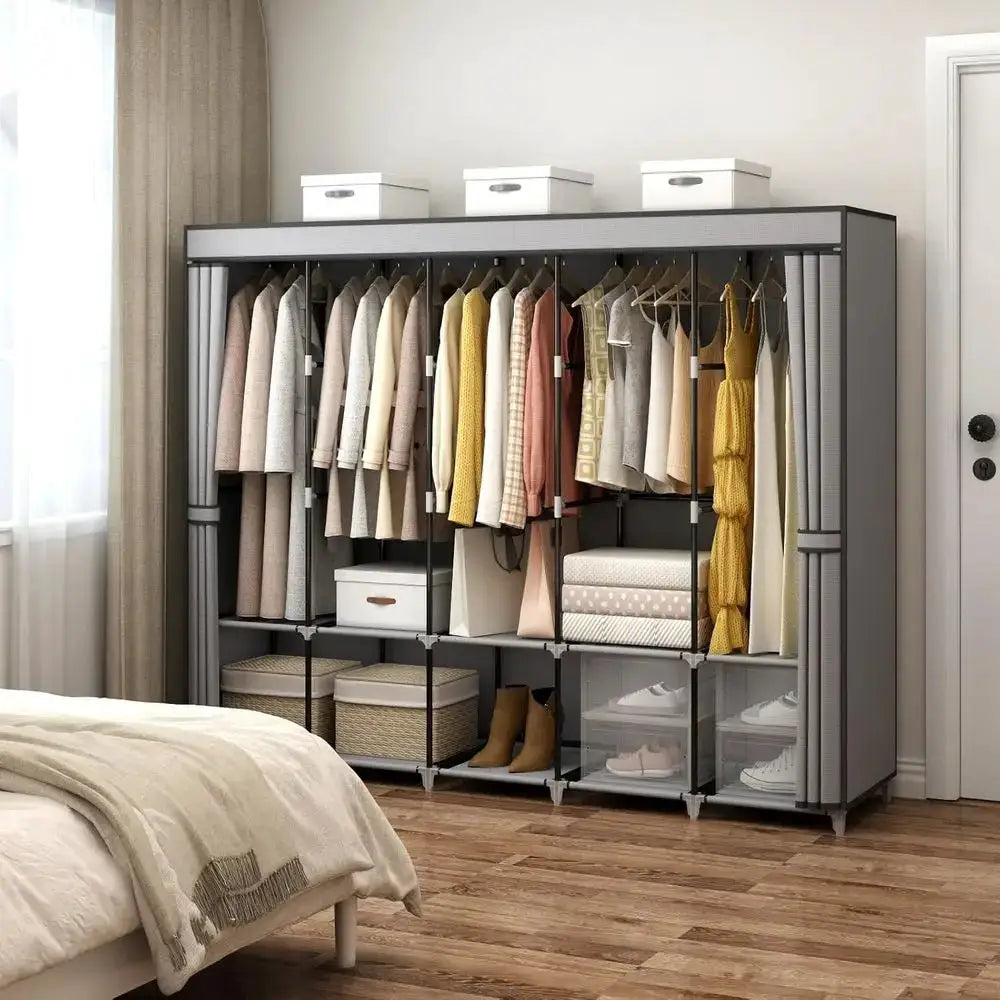 83 Wide Portable Closet Organizer with Cover, 5 Hanging Rods & 10 Shelves, Grey from PriceLows™
