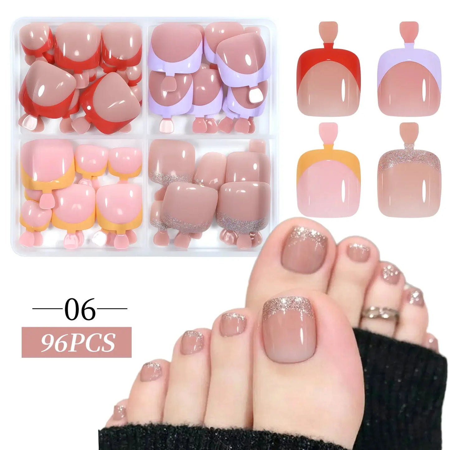 96pcs/Box French/Cat Eye Toe Nail Stickers Y2K Square Nail Tips Toe Press On Nails Pre-Designed Soft Gel Thickened Fake Toenails from PriceLows™