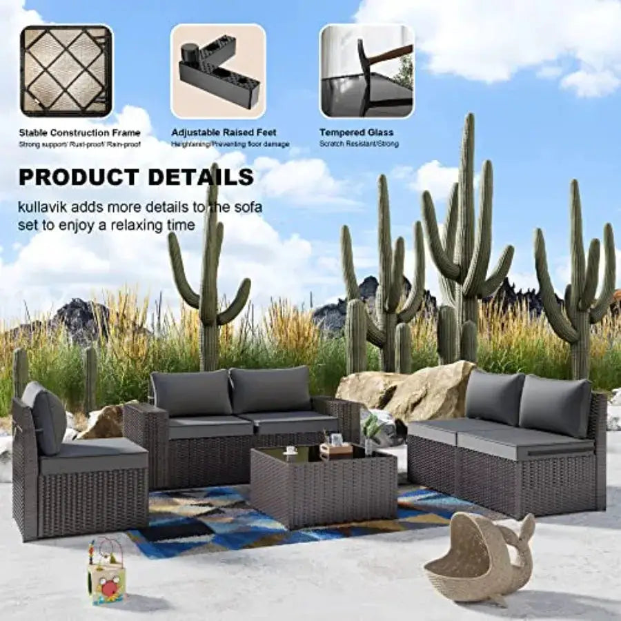 Outdoor patio furniture set: 6-piece brown PE rattan sectional sofa with grey cushions and tempered glass table, weather-resist from PriceLows™