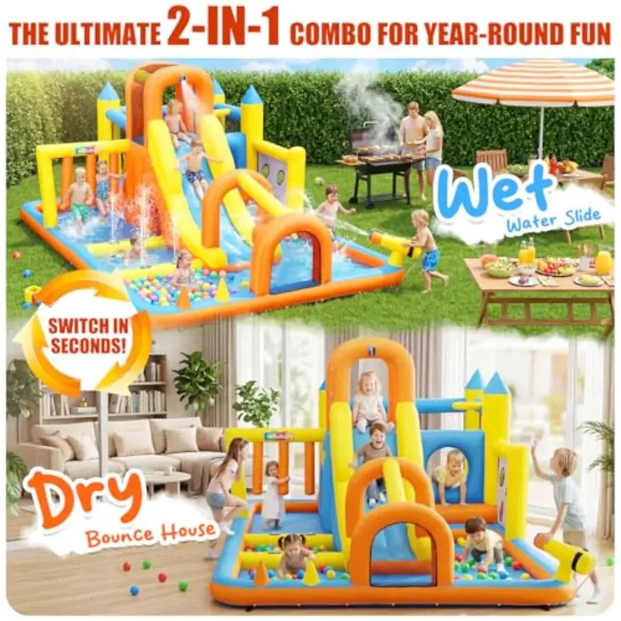 Backyard inflatable water slide bounce house for kids 3-12: 15ft mega park with long PVC slide, blue/red color, splash pool, ob from PriceLows™